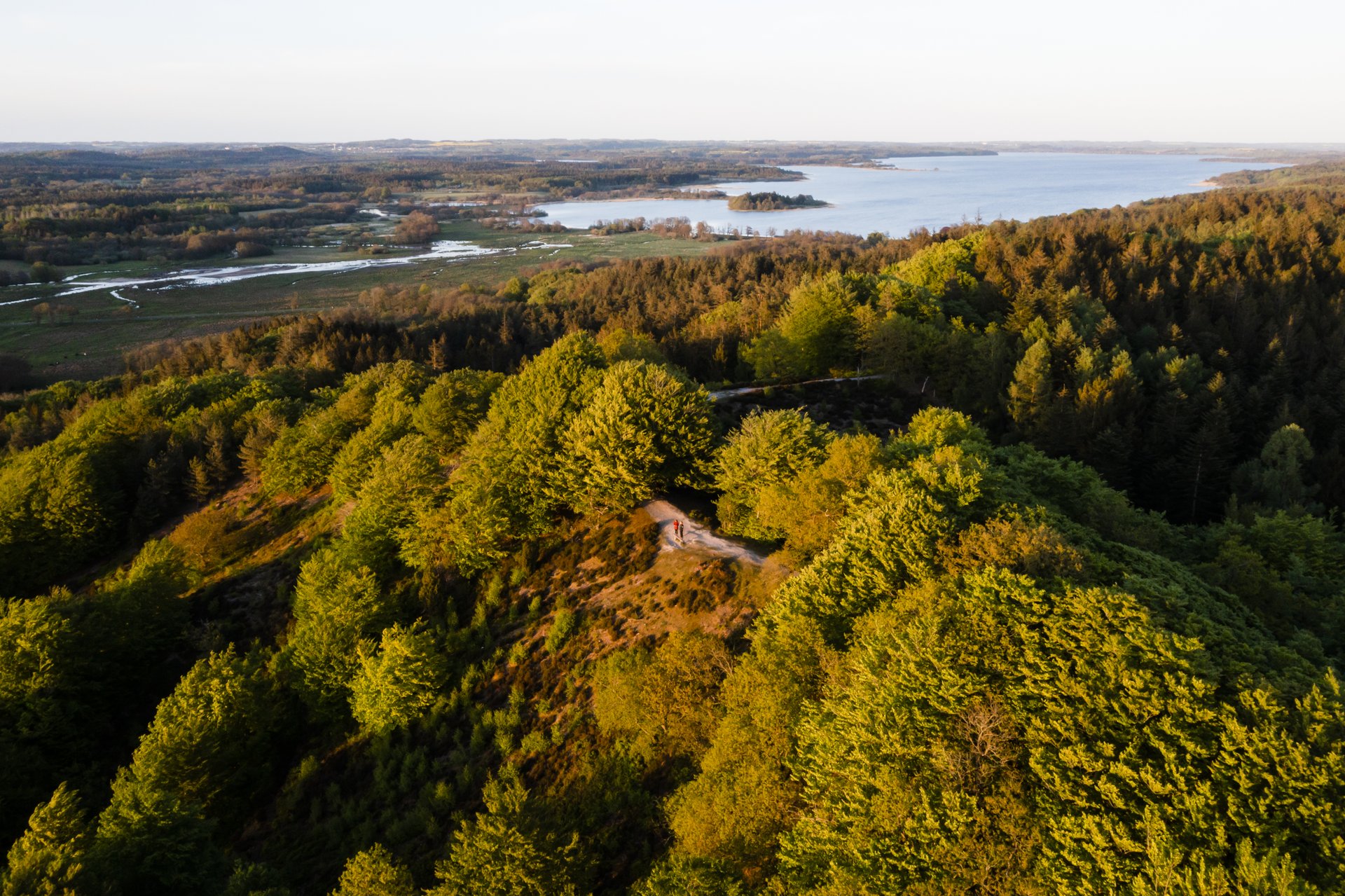 Luftfoto af smuk skov og sø set fra Sukkertoppen