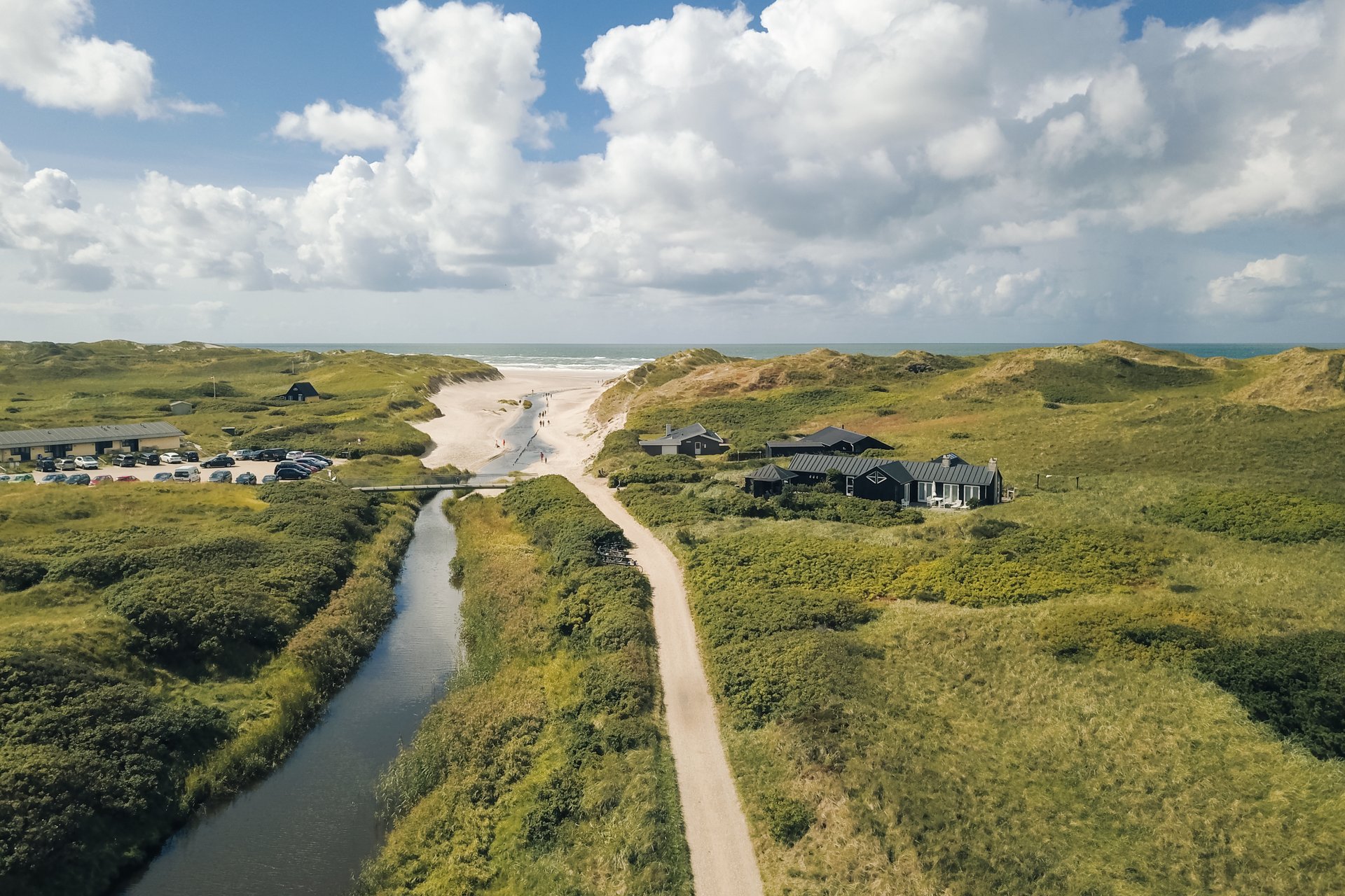 Luftfoto af Henne Strand med sand, hav og et par feriehuse