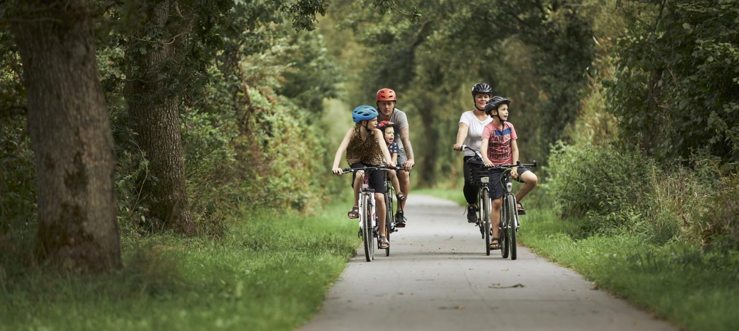 En familie cykler gennem skoven på Bindeballe Stien