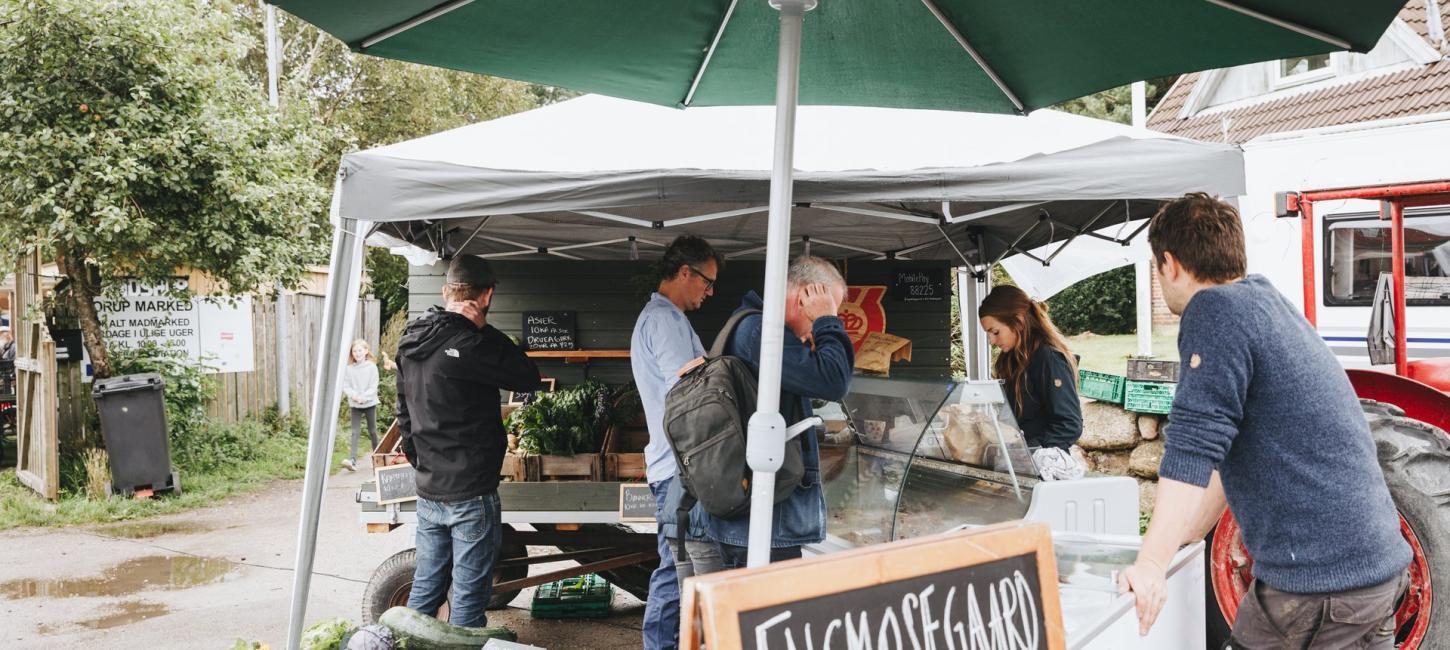 Boder med lokale produkter på det økologiske madmarked i Torup